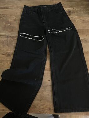 “Taylor Swift Super Bowl”Kids' Black Wide-Leg Jeans with diamond Stud Detail